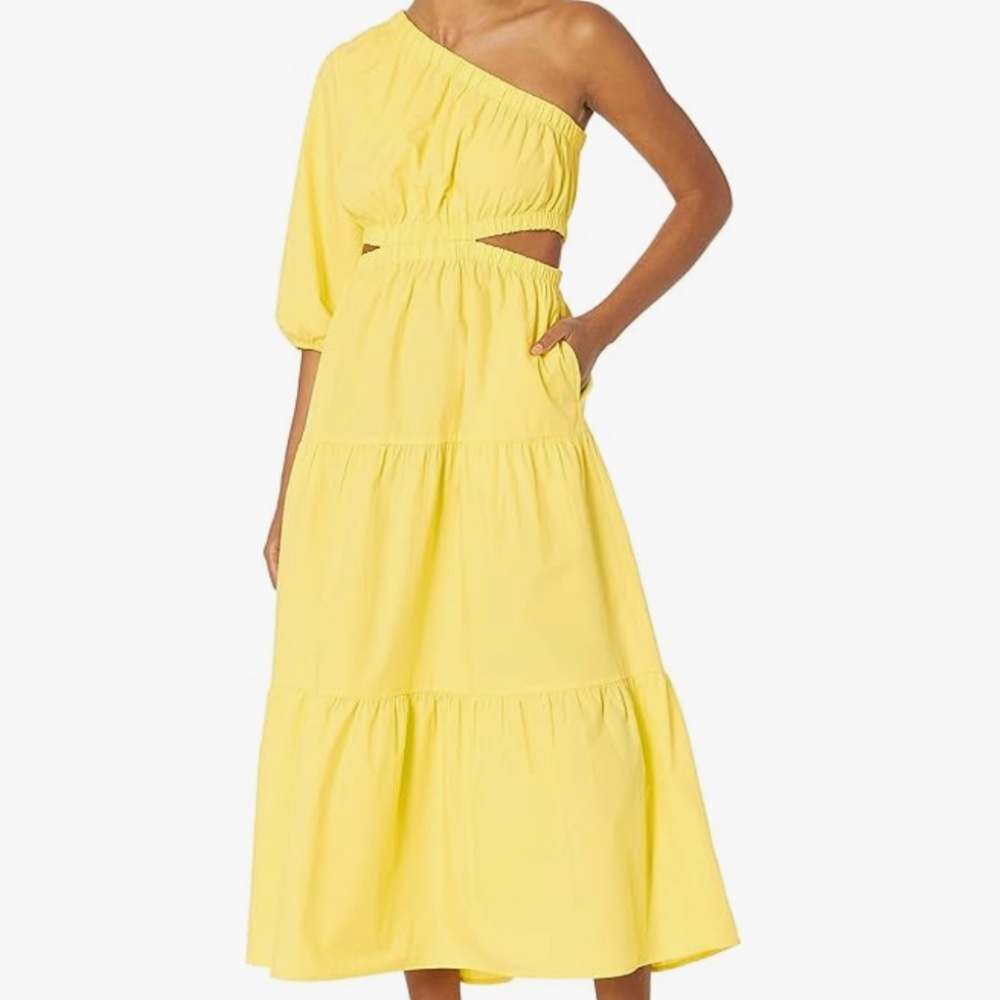 Women’s One-Shoulder Yellow Midi Dress with Cutout
